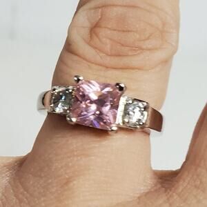 Faux White Gold Pink Crystal Princess Cut Cocktail Ring 6.5